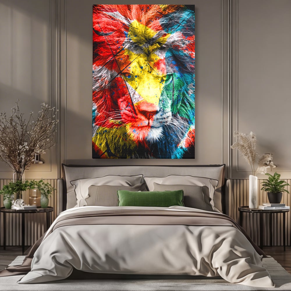 Tablou canvas cu tablou canvas cu leu colorat, fara rama, pe sasiu de lemn, pe perete intr-un dormitor